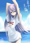  1girl arms_up beach blue_eyes bottomless fuchuu long_hair original purple_hair shirt sky solo water 