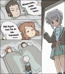  asahina_mikuru black_hair brown_hair closed_eyes comic grey_eyes hard_translated kyon lowres nagato_yuki oekaki ohyo school_uniform serafuku short_hair silver_hair skirt sleeping suzumiya_haruhi_no_yuuutsu time_stop 