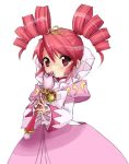  1girl bow brooch dress drill_hair expressionless fine fushigiboshi_no_futago_hime hexagram jewelry lowres pink_dress red_eyes redhead ribbon short_hair solo twin_drills twintails wand white_background 