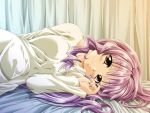  1girl bed brown_eyes curtains game_cg hoshizora_planet jpeg_artifacts long_hair lying on_side purple_hair smile solo yuyi 