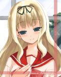  1girl black_eyes blonde_hair bow character_name hair_bow hand_on_own_chest head_tilt kakifly kusugawa_sasara long_hair lowres school_uniform serafuku smile solo to_heart_2 