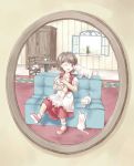  1girl ;d animal apron blush brown_hair carpet cat climbing couch cupboard dress flower full_body indoors on_couch one_eye_closed open_mouth original plant red_dress short_hair short_sleeves sitting smile socks solo table vase vest violet_eyes white_fur white_legwear window wink 