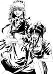  2girls asou_shin between_fingers bow braid female grin hat hong_meiling izayoi_sakuya knife long_hair maid maid_headdress monochrome multiple_girls smile the_embodiment_of_scarlet_devil thumbs_down tongue tongue_out touhou twin_braids 