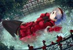  1girl blue_eyes blue_hair blush elbow_gloves flower gloves gothic headdress lying on_back original partially_submerged red_gloves red_rose rose ryoumoto_ken solo thigh-highs water wet wet_clothes 