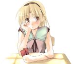  1girl blonde_hair card higurashi_no_naku_koro_ni holding holding_card houjou_satoko playing_games shigen solo 