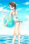  1boy artist_request ass ball beach beachball brown_hair casual_one-piece_swimsuit child crossdressinging final_fantasy final_fantasy_xii frilled_swimsuit frills halterneck larsa_ferrinas_solidor leaning_forward looking_back male_focus one-piece_swimsuit outdoors sky solo swimsuit trap wading water 