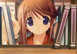  1girl :o amazuyu_tatsuki blue_eyes blush book bookshelf brown_hair folded_ponytail highres indoors komaki_manaka library looking_at_viewer parted_lips short_hair solo to_heart_2 