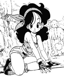  1girl black_hair bow crop_top denim denim_shorts dragon_ball fingerless_gloves gloves long_hair looking_at_viewer loose_socks lowres lunch_(dragon_ball) midriff monochrome outdoors shorts socks solo toriyama_akira 