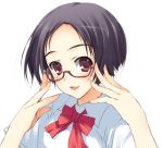  1girl :d black_hair bow bowtie glasses looking_at_viewer lowres open_mouth original red_eyes semi-rimless_glasses shirt short_hair short_sleeves simple_background smile solo tomose_shunsaku under-rim_glasses white_background white_shirt 