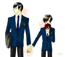  1boy 1girl androgynous fujioka_haruhi hand_holding hetero ootori_kyouya ouran_high_school_host_club reverse_trap 