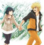  1boy 1girl blonde_hair couple hand_holding hetero hyuuga_hinata keroyon-jima looking_back lowres naruto naruto_shippuuden open_mouth orange_shirt running shirt smile uzumaki_naruto whisker_markings 