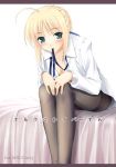  1girl ahoge blonde_hair blush breasts cleavage cover doujinshi fate/stay_night fate_(series) green_eyes kemokomoya komori_kei mouth_hold no_bra open_clothes open_shirt pantyhose purupuni_saber-san ribbon saber shirt sitting solo thighband_pantyhose 