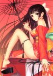  1girl alcohol barefoot black_hair brown_eyes feet hands highres japanese_clothes kimono long_hair oriental_umbrella original sake sandals solo tanaka_takayuki thigh_strap umbrella 