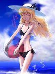  1girl ball beachball bikini blonde_hair closed_eyes female hat kirisame_marisa outdoors sky smile solo swimsuit touhou tsuyadashi_shuuji 