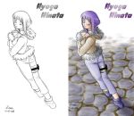  1girl artist_request ass blush character_name colored comparison dated denim from_behind hands_on_own_chest hyuuga_hinata jeans looking_at_viewer looking_back monochrome naruto pants parka signature thigh_strap walking 