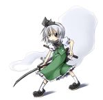  1girl black_eyes bow bowtie cappccino clenched_teeth female fighting_stance hitodama holding holding_sword holding_weapon konpaku_youmu konpaku_youmu_(ghost) scabbard serious sheath sheathed short_hair short_sleeves silver_hair simple_background solo standing sword teeth touhou vest weapon white_background 