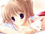  1girl blush brown_hair cat collarbone female gift hair_intakes mikeou smile solo source_request violet_eyes 