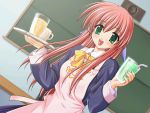  1girl :d animal_print apron blush bow bowtie chalkboard cup drink drinking_glass drinking_straw dutch_angle elephant game_cg green_eyes hair_ribbon kiba_satoshi long_hair mug open_mouth ouuta_chiaki pink_hair puchi_cherry_~anata_to_iru_kisetsu~ redhead ribbon sakana school_uniform serafuku smile solo standing straw tamashi_chiaki tray wallpaper 