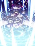  1girl belt blue_hair capelet female hat hat_ribbon jewelry key keychain lock long_hair magic_circle patchouli_knowledge red_(artist) red_(red-sight) ribbon ring solo spell_card touhou 