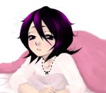  1girl blanket bleach hair_between_eyes kuchiki_rukia lowres messy_hair purple_hair sleepy solo under_covers 