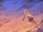  1girl barefoot blonde_hair dress feet from_behind legs long_hair original outdoors outstretched_arms peaceful shihira_tatsuya skirt sky soles solo spread_arms sunset water white_skirt 