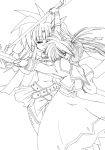  2girls 45acp arms_up bardiche belt buckle cape fate_testarossa fingerless_gloves floating_hair gloves lineart long_sleeves looking_at_viewer lyrical_nanoha mahou_shoujo_lyrical_nanoha mahou_shoujo_lyrical_nanoha_a&#039;s multiple_girls polearm profile puffy_sleeves raising_heart simple_background takamachi_nanoha twintails weapon 