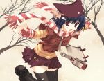  1girl :d animal_hat bag bare_tree black_legwear cat_hair_ornament cat_hat hair_ornament hat looking_at_viewer mitsumi_misato open_mouth original outstretched_arms pillow_hat red_eyes ribbon safety_pin scarf smile snow snowing spread_arms striped striped_scarf thigh-highs tree winter 