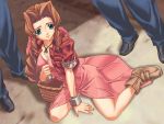  1girl aerith_gainsborough basket boots bow breasts brown_hair cleavage cropped_jacket dress final_fantasy final_fantasy_vii green_eyes jacket jpeg_artifacts long_dress long_hair medium_breasts pink_bow pink_dress sitting solo_focus you_gonna_get_raped 