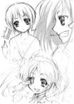  3girls :d ahoge asahina_mikuru bangs character_name eyebrows eyebrows_visible_through_hair floating_object glowing glowing_eye grin long_hair maid_headdress monochrome multiple_girls nagato_yuki open_mouth profile school_uniform serafuku short_hair simple_background sketch smile suzumiya_haruhi suzumiya_haruhi_no_yuuutsu twintails waku white_background wrist_cuffs 