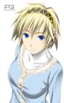  1girl aegis aegis_(persona) android atlus big_wednesday blonde_hair blue_eyes persona persona_3 short_hair simple_background solo 