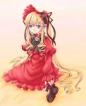  00s 1girl blonde_hair blue_eyes bonnet dress drill_hair expressionless koizumi_rei long_hair long_sleeves red_dress rozen_maiden shinku sidelocks simple_background sitting solo twintails very_long_hair yellow_background 