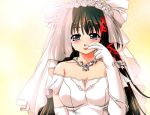  1girl bridal_veil bride brown_hair dress elbow_gloves gloves jewelry long_hair necklace os-tan smile solo tears upper_body veil violet_eyes wedding_dress white_dress white_gloves wiping_tears xp-tan 