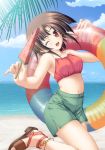  1girl akiiro_renka anklet beach bell bikini brown_hair clouds duplicate food fruit halterneck innertube jewelry jingle_bell kneeling navel niiyama_aoi ocean one_eye_closed palm_tree purple_software red_eyes sandals short_hair shorts sky smile solo swimsuit tree tsukimori_hiro water watermelon wink 