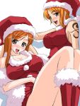  2girls bare_shoulders bleach blush breasts brown_eyes christmas crossover female fur_trim hair_ornament hat inoue_orihime kagami_hirotaka large_breasts legs long_hair looking_at_viewer multiple_girls nami_(one_piece) one_piece open_mouth orange_hair red_shirt santa_costume santa_hat shadow shirt short_hair simple_background sitting sleeveless tattoo thighs white_background 