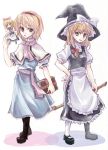  3girls alice_margatroid apron blonde_hair book boots broom brown_eyes doll dress female hairband hat hourai kirisame_marisa long_hair multiple_girls pantyhose shanghai_doll shoes short_hair smile tadano_kagekichi touhou white_background witch_hat yellow_eyes 