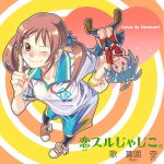  2girls aoi_sora_(pairan) brown_eyes brown_hair face hand_on_hip hands hips jersey leaning_forward multiple_girls one_eye_closed original pairan pointing shoes shorts sneakers socks twintails wink wristband 