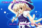 1girl :d apron blonde_hair blush bow braid brown_eyes female hair_bow hand_gesture happy_birthday_(artist) hat kirisame_marisa long_hair looking_back open_mouth short_sleeves single_braid smile solo touhou upper_body v vest witch_hat 