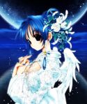  1girl angel angel_flavor blue blue_hair female flower moon nanase_aoi ocean solo white wings 