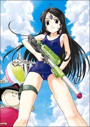  1girl aa_megami-sama black_hair clouds earrings facial_mark forehead_mark jewelry long_hair one-piece_swimsuit school_swimsuit shima_(artron) skuld sky swimsuit water_gun wet 