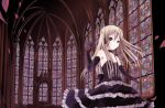  1girl architecture blonde_hair church elbow_gloves gloves gothic gothic_architecture gothic_lolita katase_yuu lolita_fashion original petals solo stained_glass trefoil twintails 