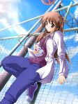 1girl aoi_mikan brown_eyes brown_hair chain-link_fence coat denim fence jeans long_hair original pants power_lines ribbon solo 