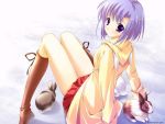  1girl boots looking_at_viewer mikeou purple_hair rabbit short_hair sitting skirt snow solo violet_eyes watermark 
