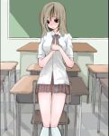  1girl black_eyes blush brown_hair classroom desk footwear long_hair lowres saibashi school_desk school_uniform serafuku skirt socks solo 