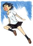  1girl angry azuma_kiyohiko black_hair jumping konno_makoto open_mouth shirt shoes short_hair sketch skirt solo toki_wo_kakeru_shoujo white_shirt 