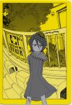  1girl :&lt; animal arms_behind_back bandage bandaid bandaid_on_knee bleach border cover english frog frown grey highres kuchiki_rukia multiple_monochrome polka_dot railing scan short_hair sign solo standing stool tree yellow 