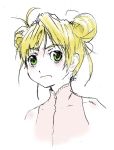  1girl aeru bare_shoulders blonde_hair blouse blush double_bun frown green_eyes looking_at_viewer simoun simple_background sketch solo upper_body white_background 