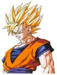  1boy angry blonde_hair blue_eyes dragon_ball dragonball_z earrings from_side green_eyes japanese_clothes jewelry looking_afar male_focus muscle potaro_earrings shirt short_hair short_sleeves simple_background solo son_gokuu spiky_hair super_saiyan upper_body white_background 