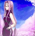  1girl casual cherry_blossoms fate/stay_night fate_(series) glasses long_hair low-tied_long_hair puyo rider solo tied_hair very_long_hair 