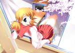  aoi_mikan blonde_hair cherry_blossoms desk footwear sasamori_karin school_uniform serafuku socks to_heart_2 twintails window 