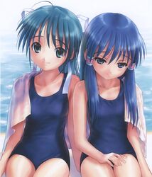  2girls ahoge blue_eyes blue_hair goto_p green_eyes hair_ribbon hair_tubes jpeg_artifacts long_hair multiple_girls omoi_no_kakera one-piece_swimsuit ponytail ribbon school_swimsuit shiomi_shouko smile swimsuit tachibana_koyuki towel twintails water 